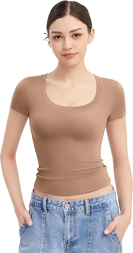 PUMIEY Women's T Shirts Short Sleeve Scoop Neck Basic Going Out Tops Fashion Slim Fit Tee Smoke C... | Amazon (US)