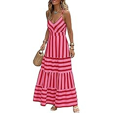 Caracilia Summer Maxi Dresses for Women Spaghetti Strap Back Smocked A Line V Neck Casual Long Dr... | Amazon (US)
