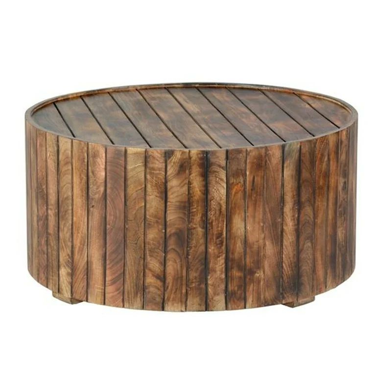 The Urban Port  34 in. Round Wooden Coffee Table with Plank Style Side - Rustic Brown | Walmart (US)