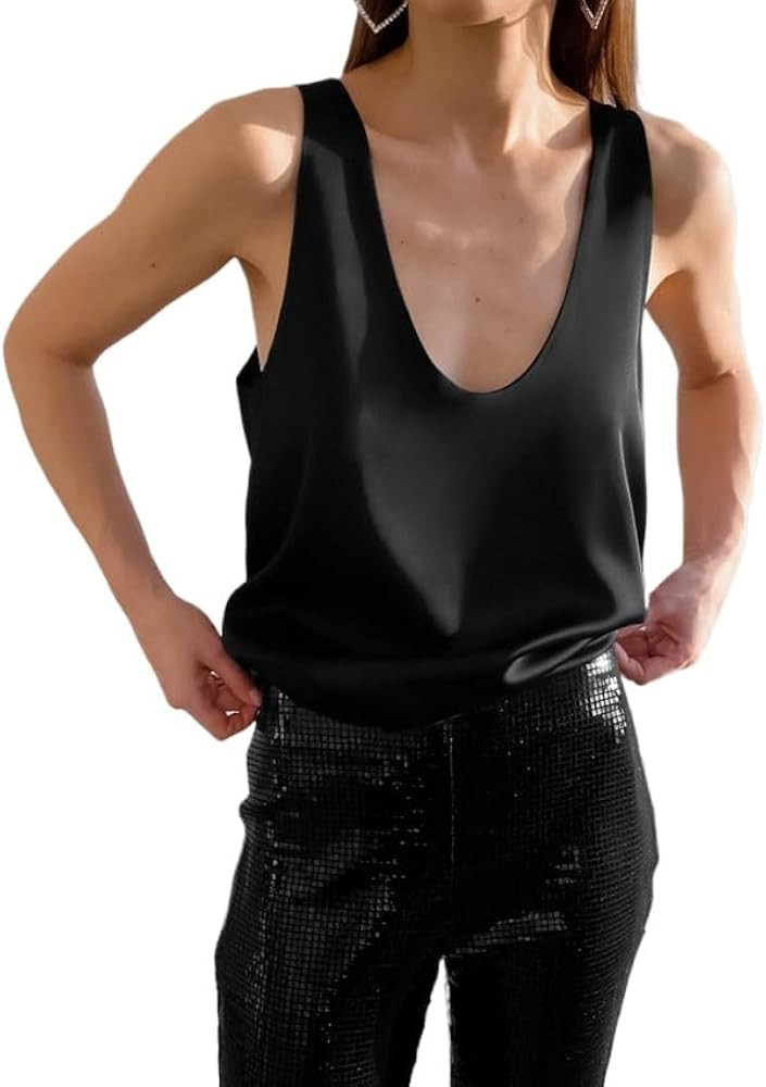 Womens Silk Satin Tank Tops Deep V Neck Casual Cami Sleeveless Camisole Blouses Summer Fit Flowy ... | Amazon (US)