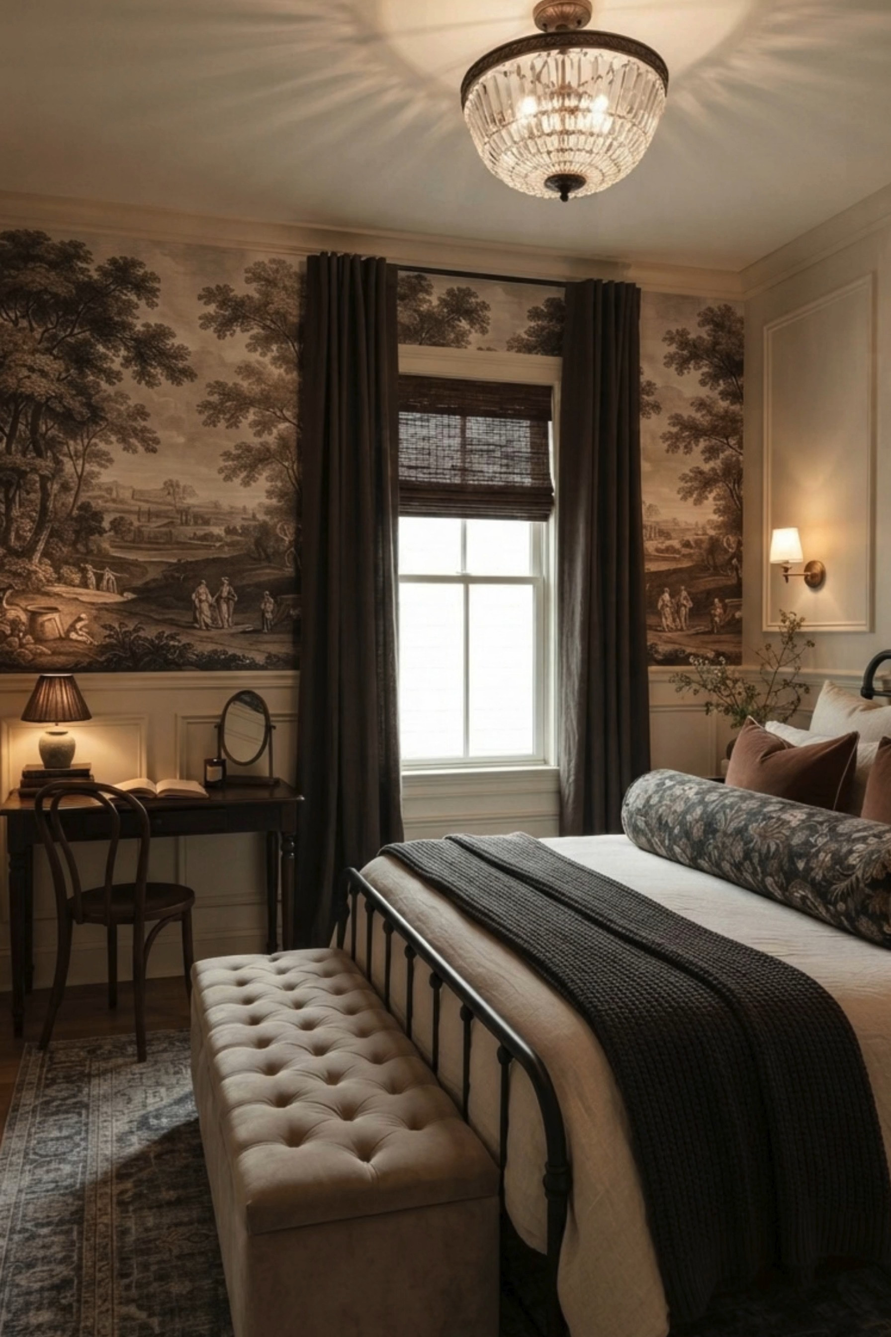 Moody English Country Bedroom 🤎 This cozy traditional bedroom blends English country style with elevated old-world charm, featuring dramatic scenic toile wallpaper, creamy wall molding, a black metal bed, layered neutral bedding, rich brown velvet pillows, and a floral bolster pillow. Dark linen curtains, a woven Roman shade, vintage-inspired rug, tufted bench, petite writing desk, pleated table lamp, and sparkling crystal flush mount create a collected, timeless bedroom with warm boutique-hotel appeal. 🖤 If you want to see more content like this, FOLLOW maeveandmodern on LTK, Instagram, and Pinterest! Check out our blog where we post daily, maeveandmodern.com! English Country Bedroom | Moody Bedroom Decor | Traditional Bedroom Ideas | Toile Wallpaper | Scenic Wallpaper | English Cottage Bedroom | Vintage Inspired Bedroom | Old World Decor | Black Metal Bed | Neutral Bedding | Brown Velvet Pillows | Floral Bolster Pillow | Layered Bedding | Tufted Bedroom Bench | Crystal Flush Mount | Bedroom Ceiling Light | Pleated Table Lamp | Vintage Writing Desk | Dark Curtains | Woven Roman Shade | Wall Molding | Picture Frame Molding | Vintage Inspired Rug | Cozy Bedroom Ideas | Grandmillennial Bedroom | Collected Interiors | Romantic Bedroom Decor | Timeless Home Decor | Warm Neutral Bedroom | Cottage Bedroom Inspiration

#LTKHome #LTKSaleAlert