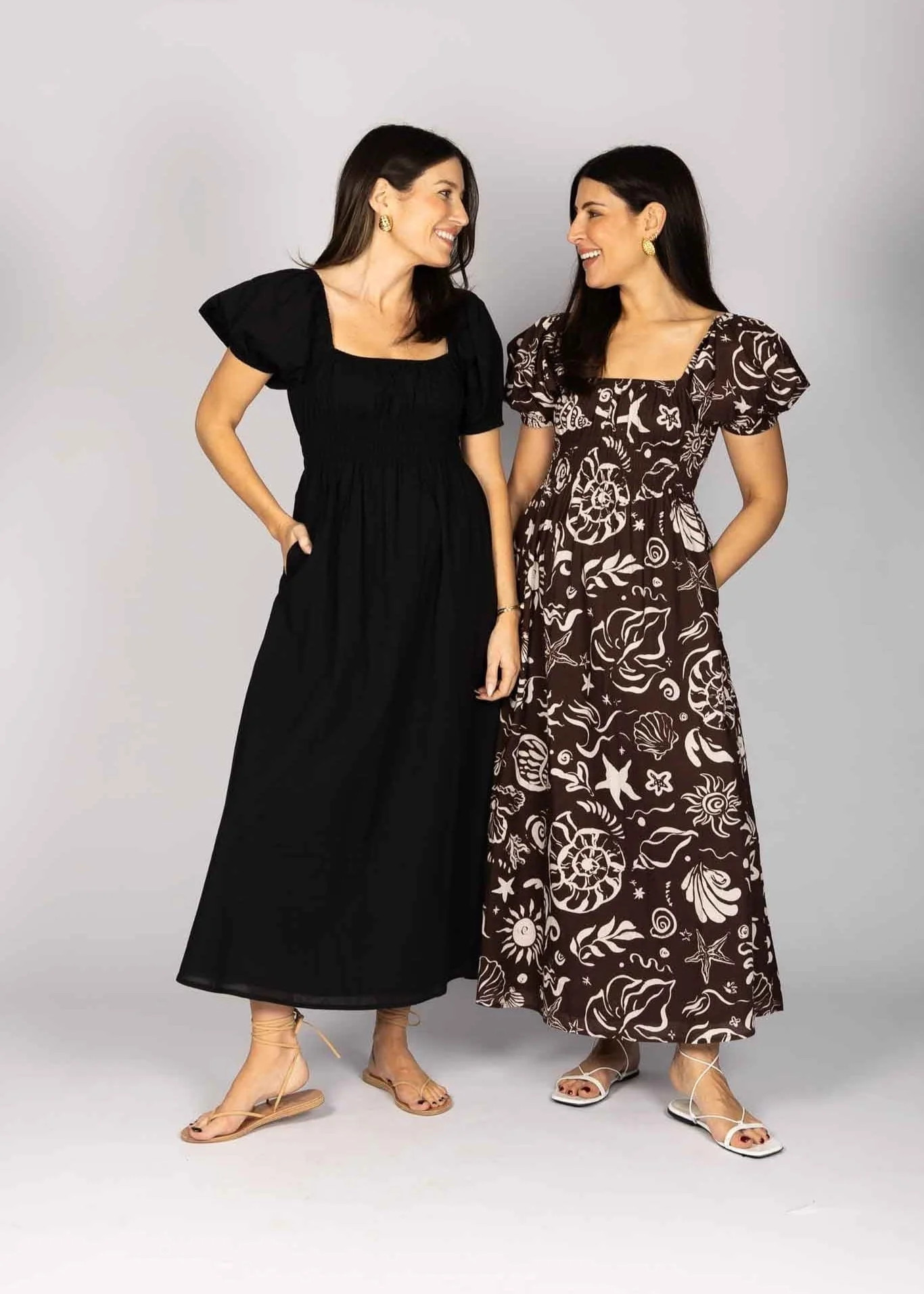 PUFF SLEEVE MIDI DRESS - SHELL PRINT | WAT The Brand