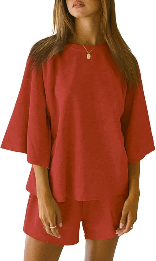 Tankaneo Womens Pajama Sets 3/4 Sleeve Oversized Tops and Elastic Waist Shorts Lounge Sets Lounge... | Amazon (US)