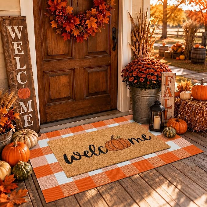 2 Pcs Fall Door Mat, Layered Pumpkin Welcome Coir Doormat with Orange and White Buffalo Plaid Mat... | Amazon (US)