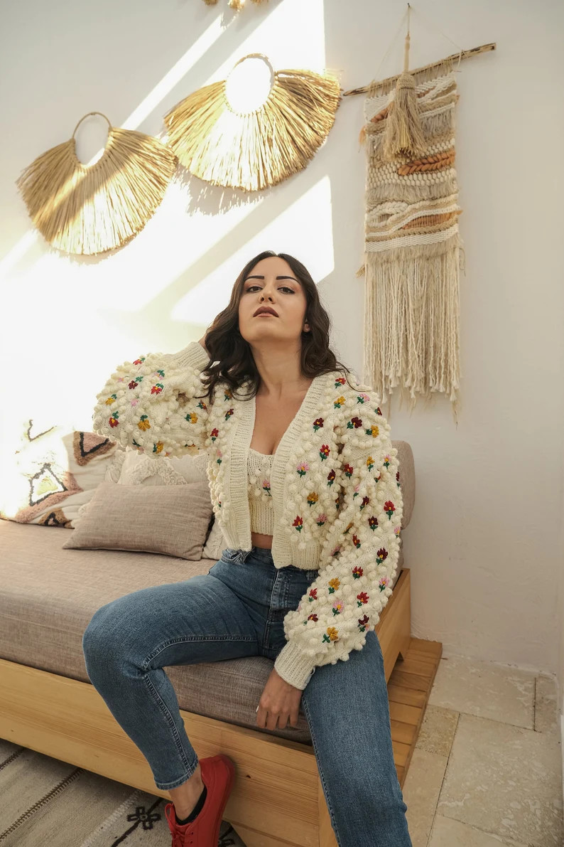 Pom-pom Cardigan  Pom-pom Cardigan Sweater  Handmade Sweater | Etsy | Etsy (US)