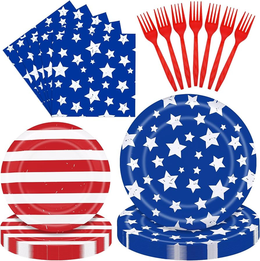 96 Pieces 4th of July Tableware Set \u2013 Red White Stripe and Blue Star Disposable Plates, Napk... | Amazon (US)