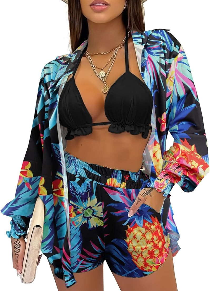 UOUA 3 Piece Swimsuits for Women Hawaiian Outfits Floral Tropical Bikini & Short Sets Summer Beac... | Amazon (US)