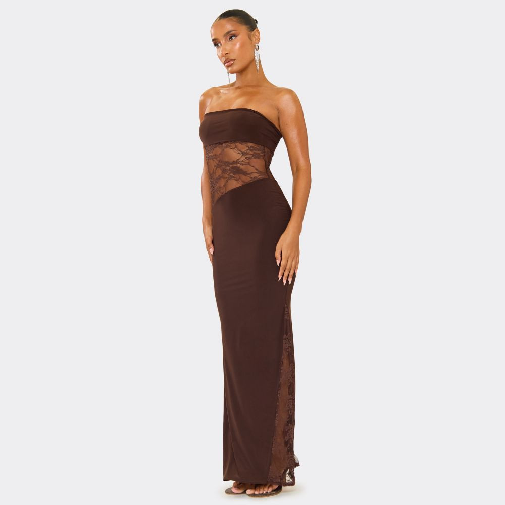 Bandeau Contrast Lace Cut Out Detail Maxi Dress In Chocolate Brown | EGO (UK)