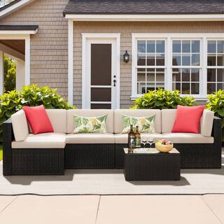 Tozey 6-Pieces Wicker Patio Conversation Set Outdoor Rattan Sofa with Glass Coffee Table and Beig... | The Home Depot