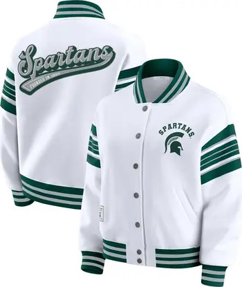 Women's WEAR by Erin Andrews White/Green Michigan State Spartans Satin Stitch Full-Snap Fleece Sw... | Nordstrom