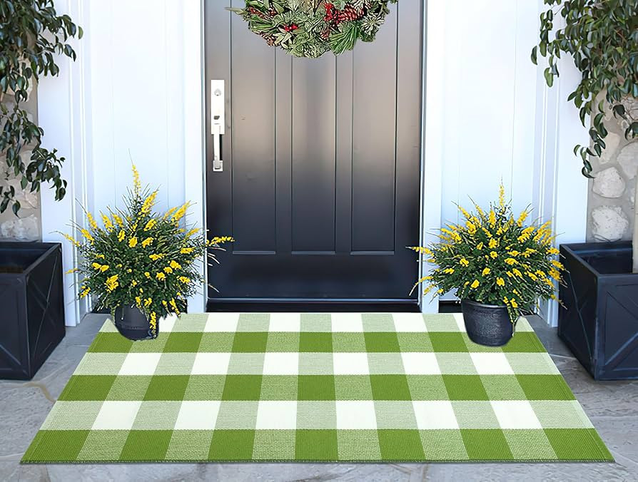 Buffalo Plaid Outdoor Rug 24''x51''Green and White Checkered Front Porch Rug Cotton Woven Washabl... | Amazon (US)