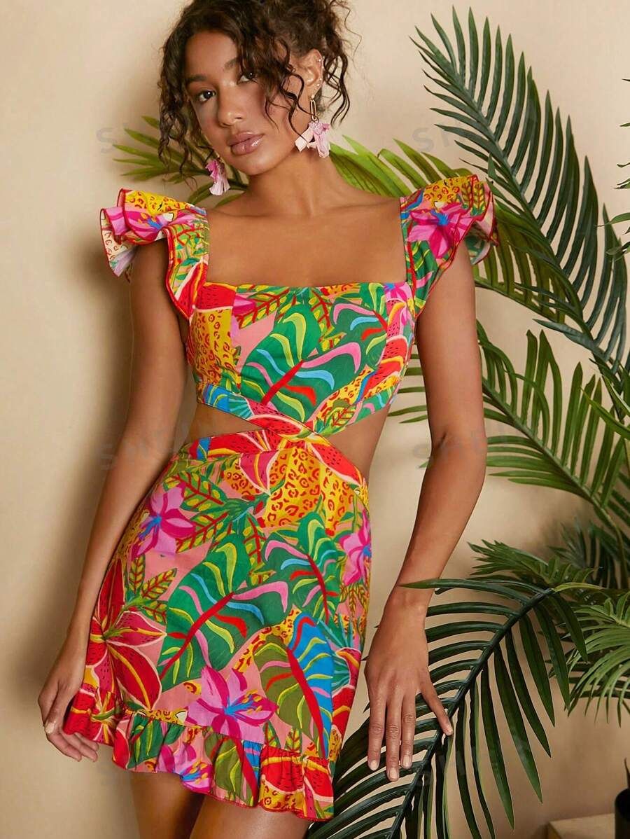 SHEIN VCAY Tropical Print Cut Out Waist Ruffle Hem Dress Hawaiian Dress | SHEIN