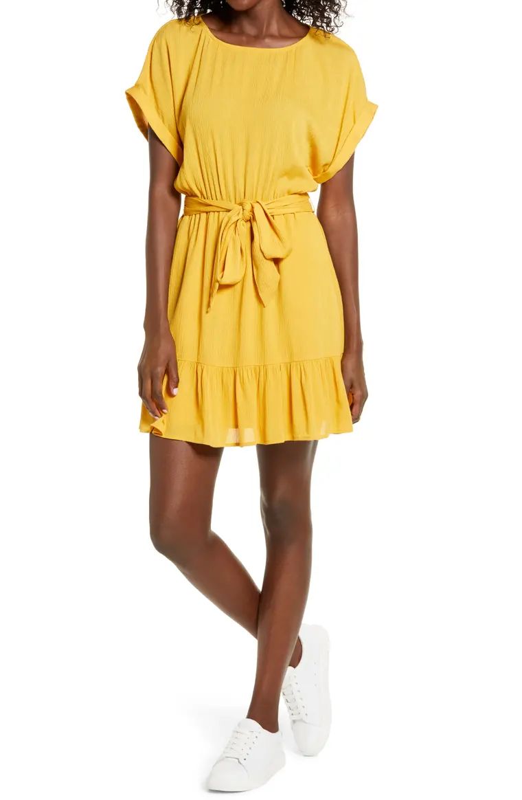 Belted Short Sleeve Crinkle Woven Dress | Nordstrom