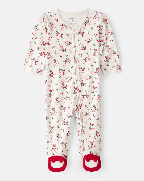 Baby Girl Bow Floral Print 100% Cotton Sleep & Play Pajamas - White/Red | Carter's Inc