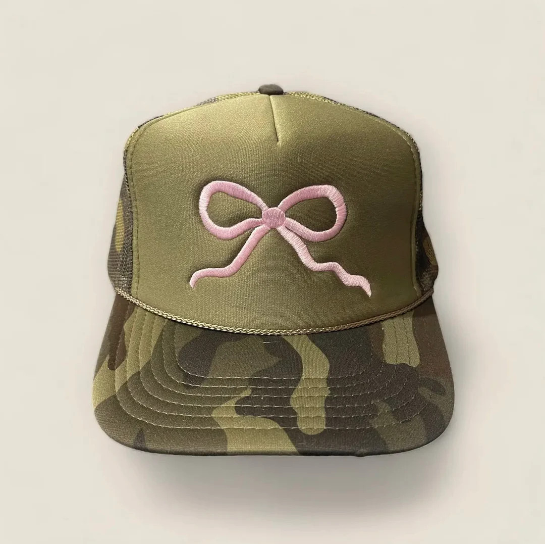 Pink Bow Embroidered on Camo Trucker Hat - Etsy | Etsy (US)