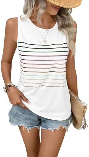 EyMuse Tank Tops for Women Summer Striped Sleeveless Tee Loose Casual Crewneck Shirts 2026 Fashio... | Amazon (US)