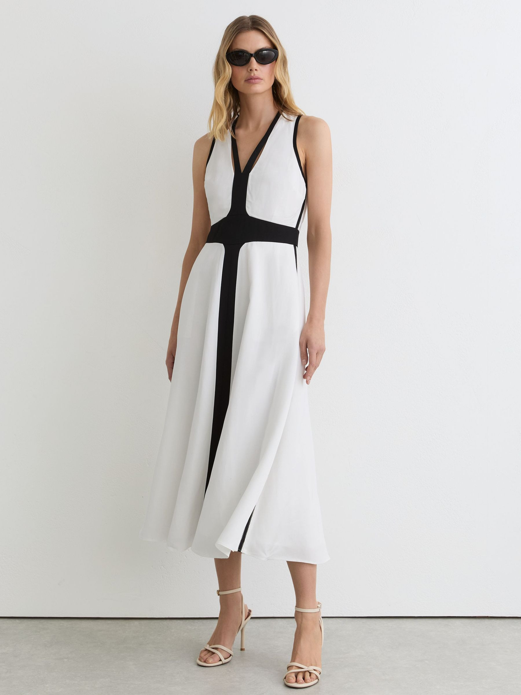 Contrast-Trim Cross-Back Midi Dress with Linen in Ivory/Black | Reiss US