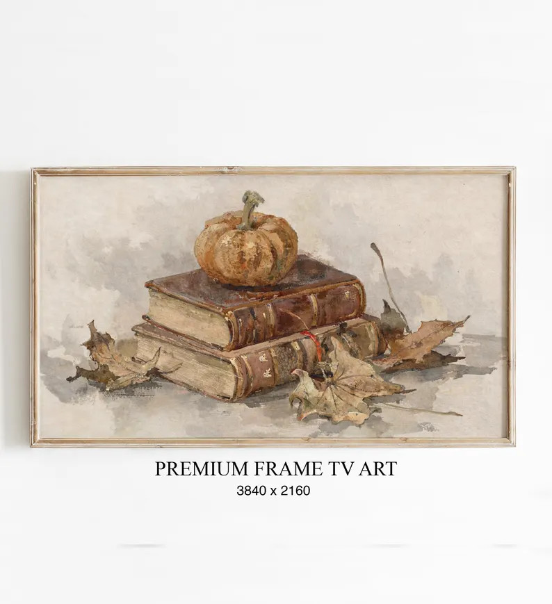 Samsung Frame TV Art | Vintage Autumn Still Life DIGITAL Painting | Fall Pumpkin and Books Art | Etsy (Global)