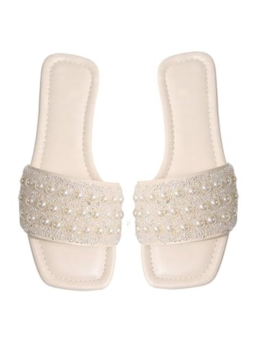 GORGLITTER Women's Pearl Sandals Rhinestone Beaded Dressy Fancy Open Toe Slip On Slides Sandal Beige Sequin 9.5 | Amazon (US)