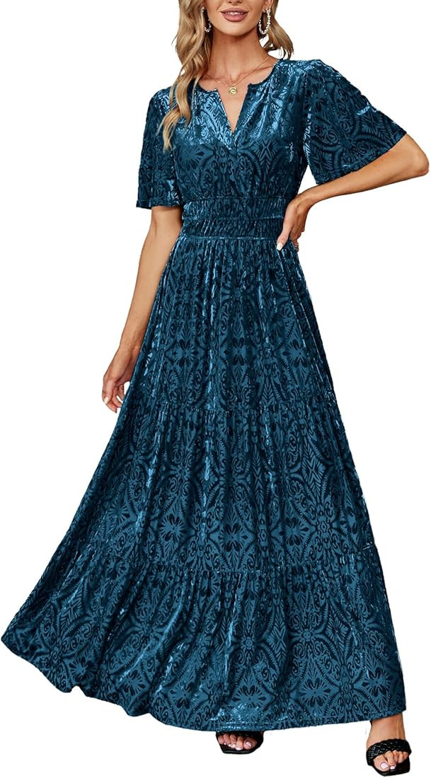 Women's Velvet Short Sleeve V Neck Formal Wedding Guest Maxi Dresses Fall Evening Party Long Dres... | Amazon (US)