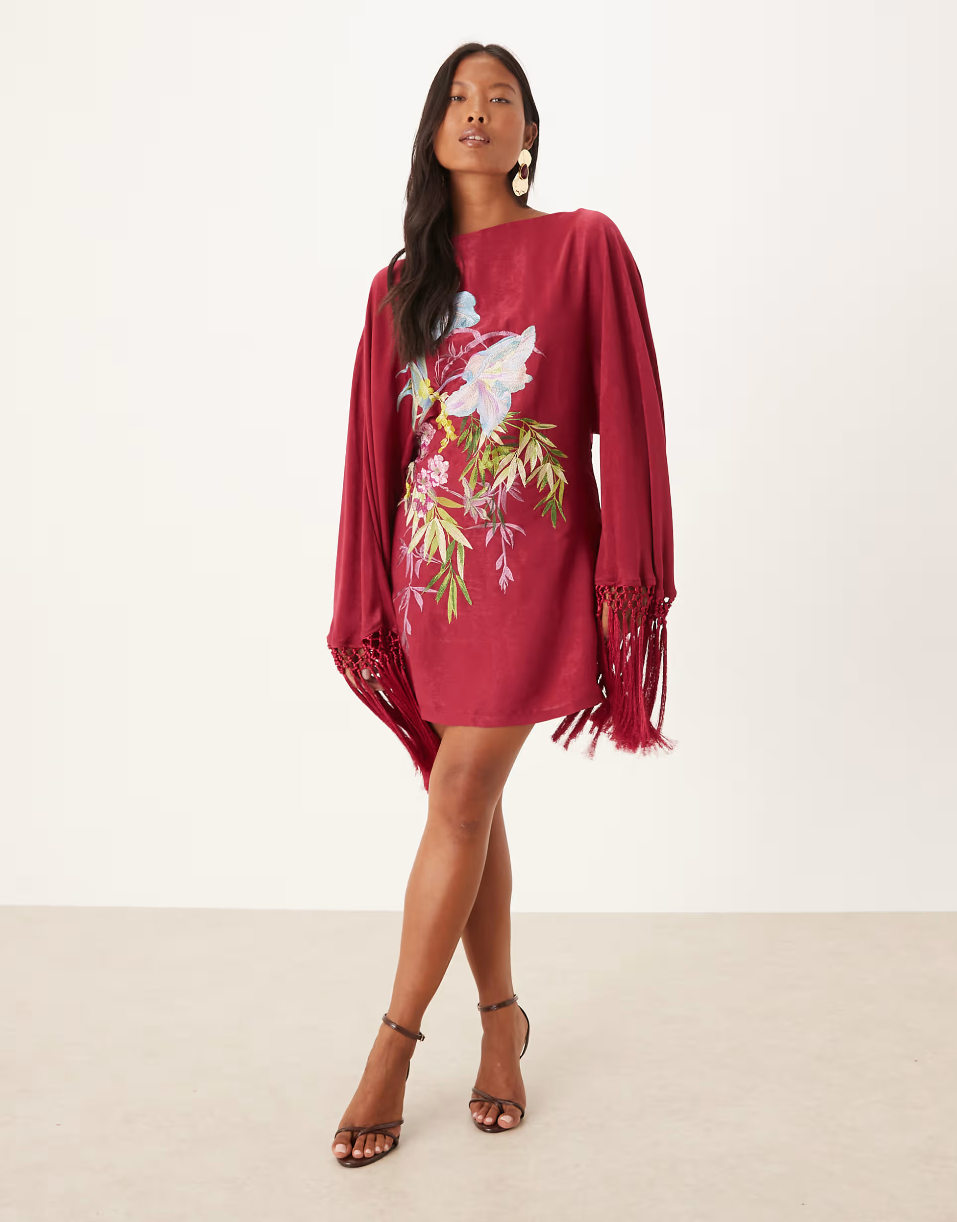 ASOS DESIGN Petite floral embroidered long sleeve mini dress with fringing in pink | ASOS | ASOS (Global)