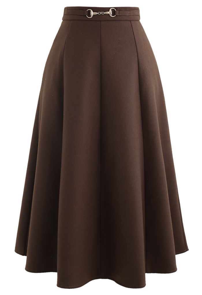 Horsebit Waist Seam Detail Flare Skirt in Brown | Chicwish