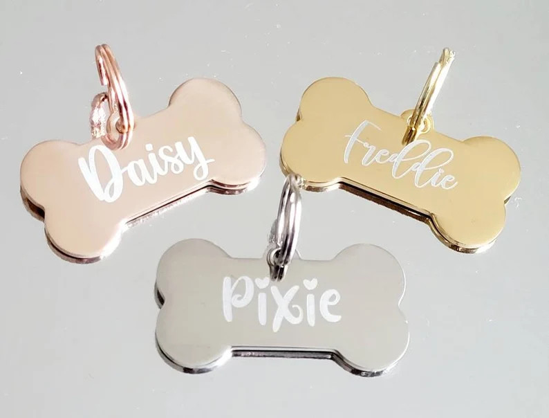 Bone Pet Tags Laser Engraved, Available in Silver, Gold and Rose Gold. - Etsy | Etsy (US)