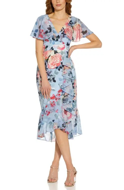 Adrianna Papell Floral Wrap Front Ruffle Midi Dress in Blue Multi at Nordstrom, Size 18 | Nordstrom