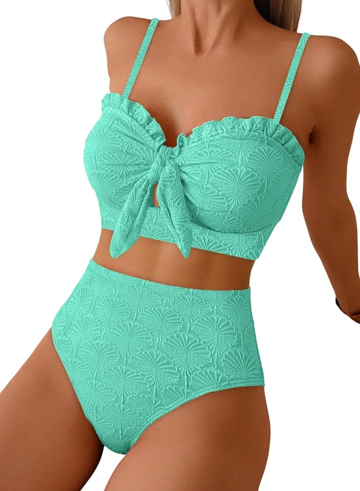 Herseas Women's Seashell Textured Bikini Sets Knotted Front 2 Piece Swimsuits Ruffle Trim Bathing... | Amazon (US)