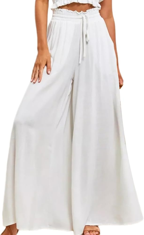 Pasgreson Women's Casual Wide Leg Pants Flowy Ruffle Elastic Drawstring Waist Beach Palazzo Loose... | Amazon (US)