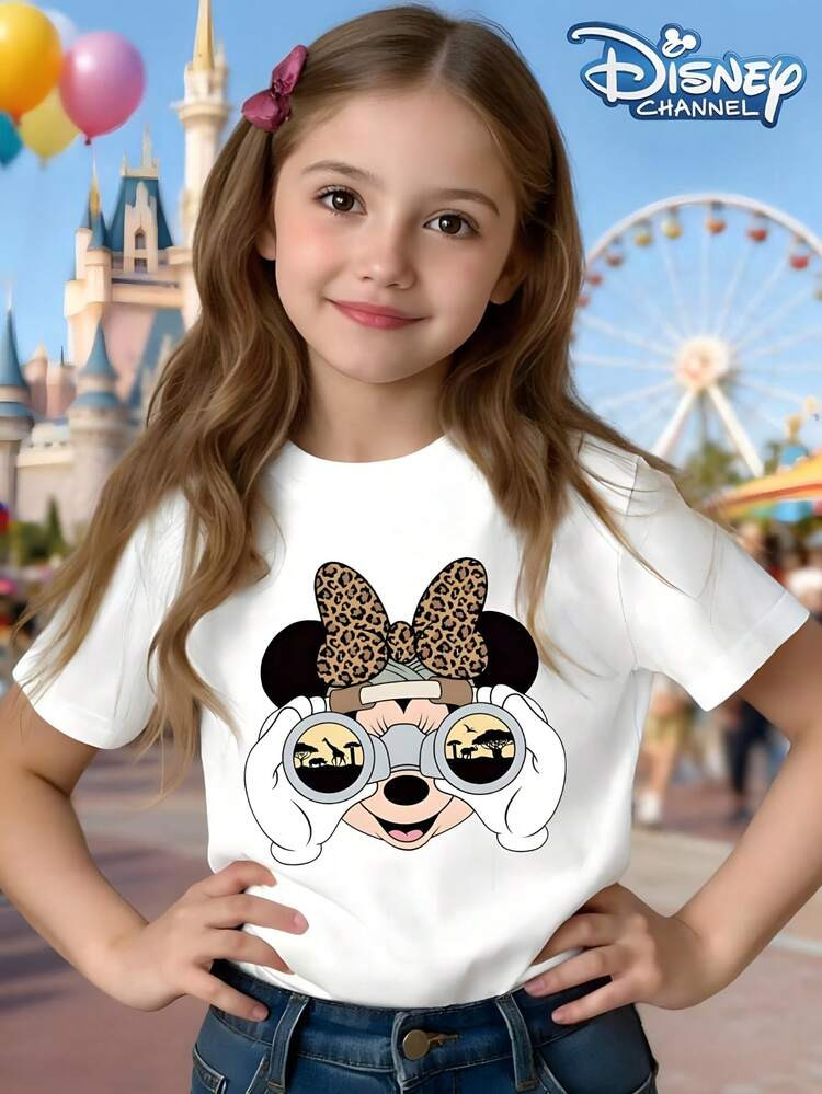 Disney Minnie Leopard Print Binoculars, Summer Girls' Cotton Crew Neck Short-Sleeve Shirt, Suitab... | SHEIN
