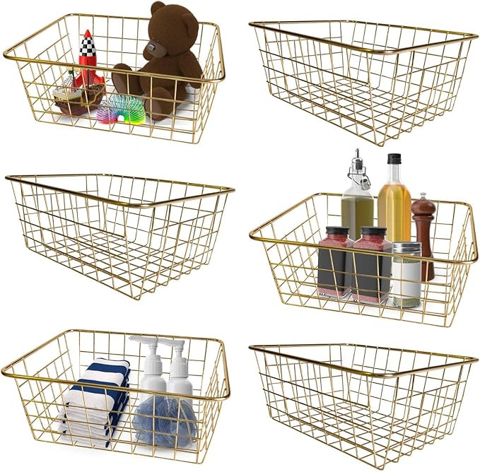 Vlish 6 Gold Wire Baskets - Pack of 6, Storage Decor Crafts, Kitchen Organizing Basket Set, Great... | Amazon (US)