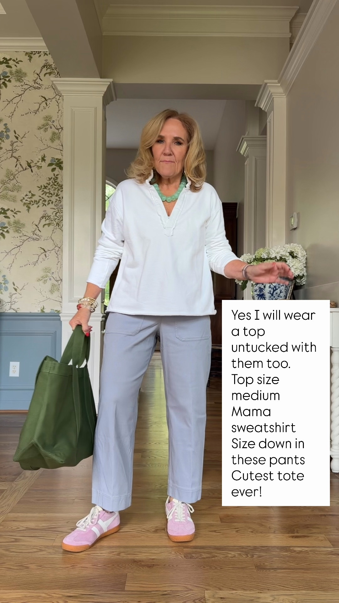 Spanx stretch twill barrel pants. I’m in a small petite. They do run generous 
I’m linking a few other favorite barrel pants and jeans too. 
French terry popover size medium 
Mama sweatshirt medium 
Cotton cashmere sweater medium 
Floral blouse medium 
10% off Eric javits bag code NANETTE
20% off bracelets stack code NANETTE20

Spring outfits 2026 casual work outfits 

#LTKSaleAlert #LTKootd #LTKOver40