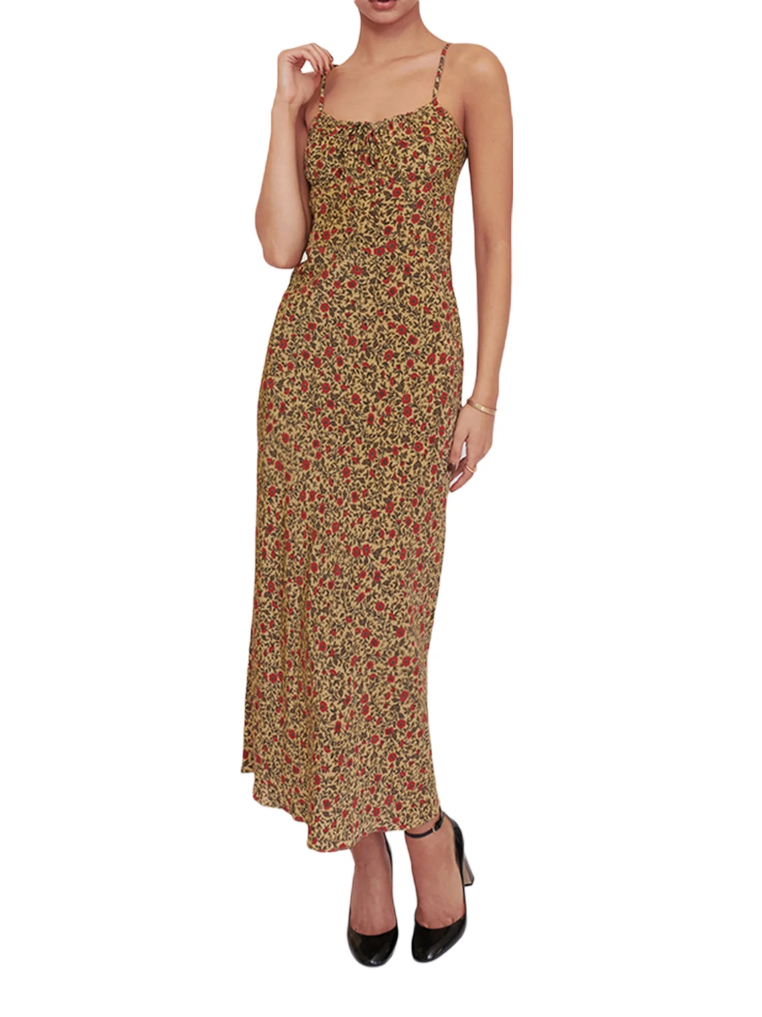 hirigin Women Long Slip Dress, Summer Tie-up Printed U-shaped Neck Spaghetti Strap One-piece | Walmart (US)