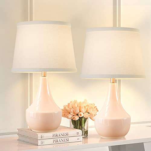 Table Lamp Set of 2, 18.63” Ceramic Table Lamp Classic Beside Lamps Nightstand Lamp Modern Table Lamp for Living Room, Bedroom & Office Rocker Swtich Pink-LED Bulbs Included | Amazon (CA)