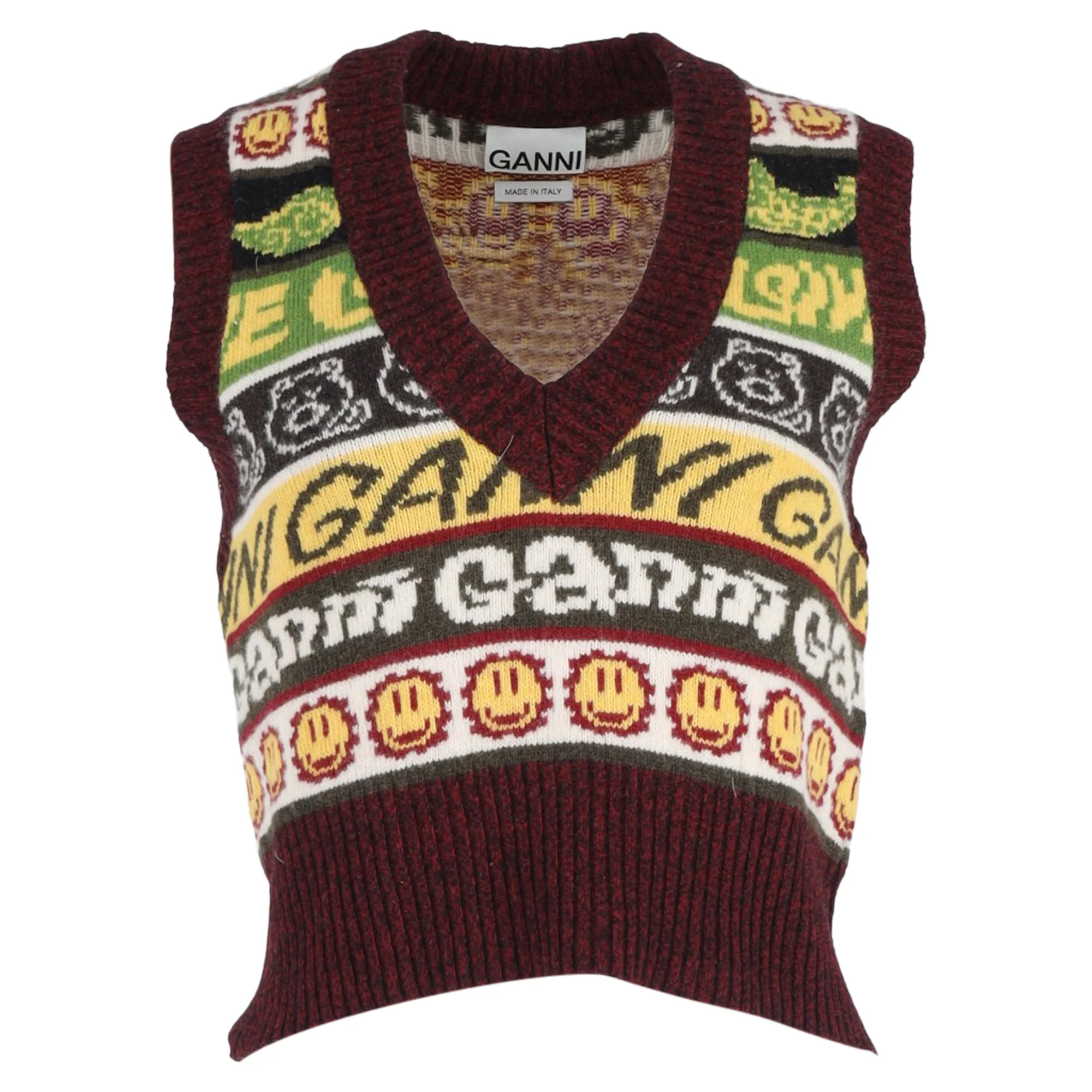 Ganni Smiley Face Sweater Waistcoat In Multicolor Recycled Wool | Shop Simon