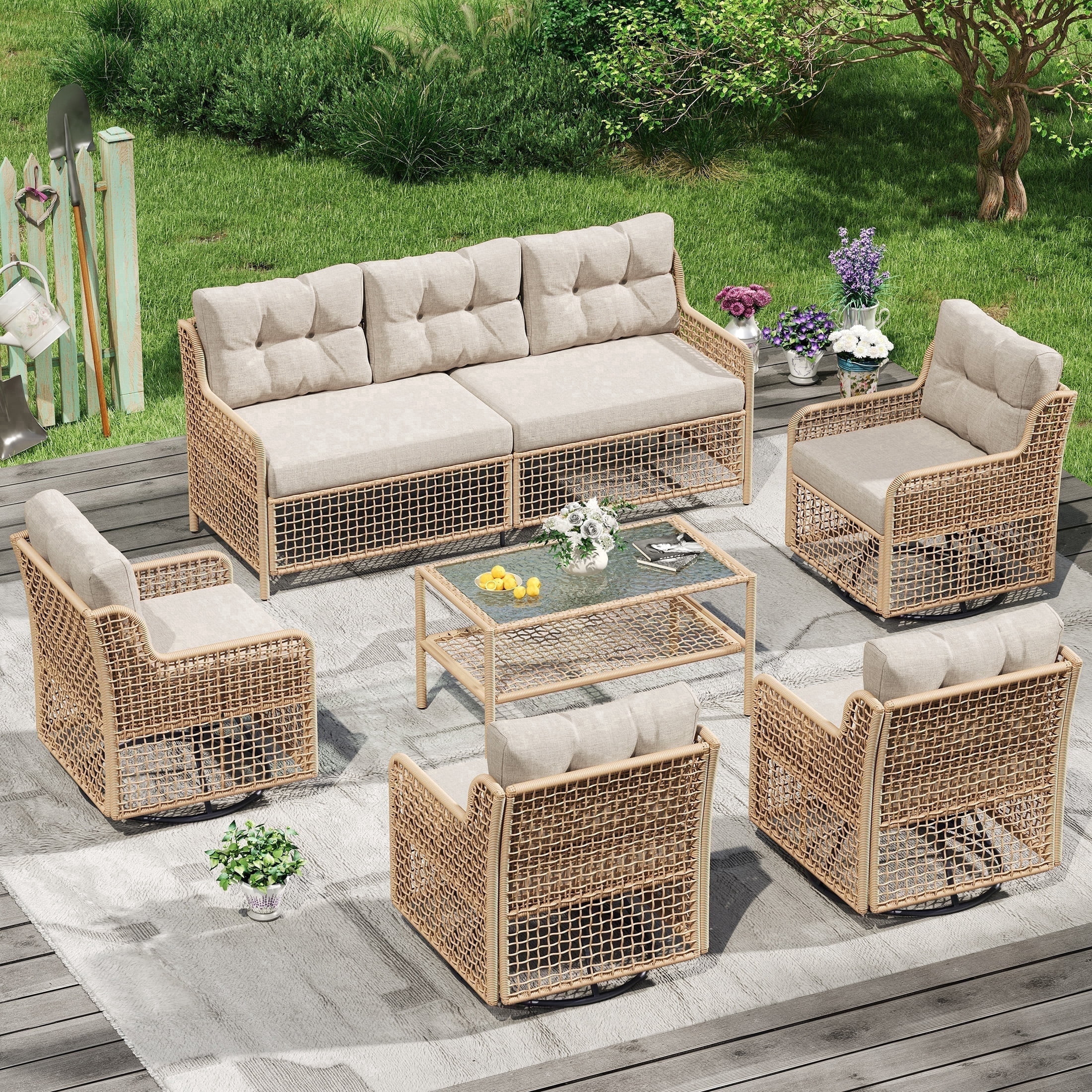 UDPATIO Patio Conversation Set, Rattan Wicker Furniture, 6 Piece Outdoor Sectional Set with Coffe... | Walmart (US)