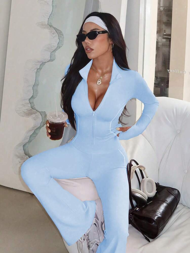 Dewbera 2 Piezas Conjunto De Ropa Deportiva Para Mujer Para Otoño/Invierno, Chaqueta Con Cremallera Completa, Cuello Alto, Rayas De Contraste Y Pantalones Acampanados De Cintura Alta Con Rayas De Contraste, Adecuado Para Uso Casual, Correr, Yoga, Gimnasio. Mono Azul Bebé, Mono Azul Bebé Con Cremallera, Mono De Una Pieza Para Mujer De Manga Larga | SHEIN