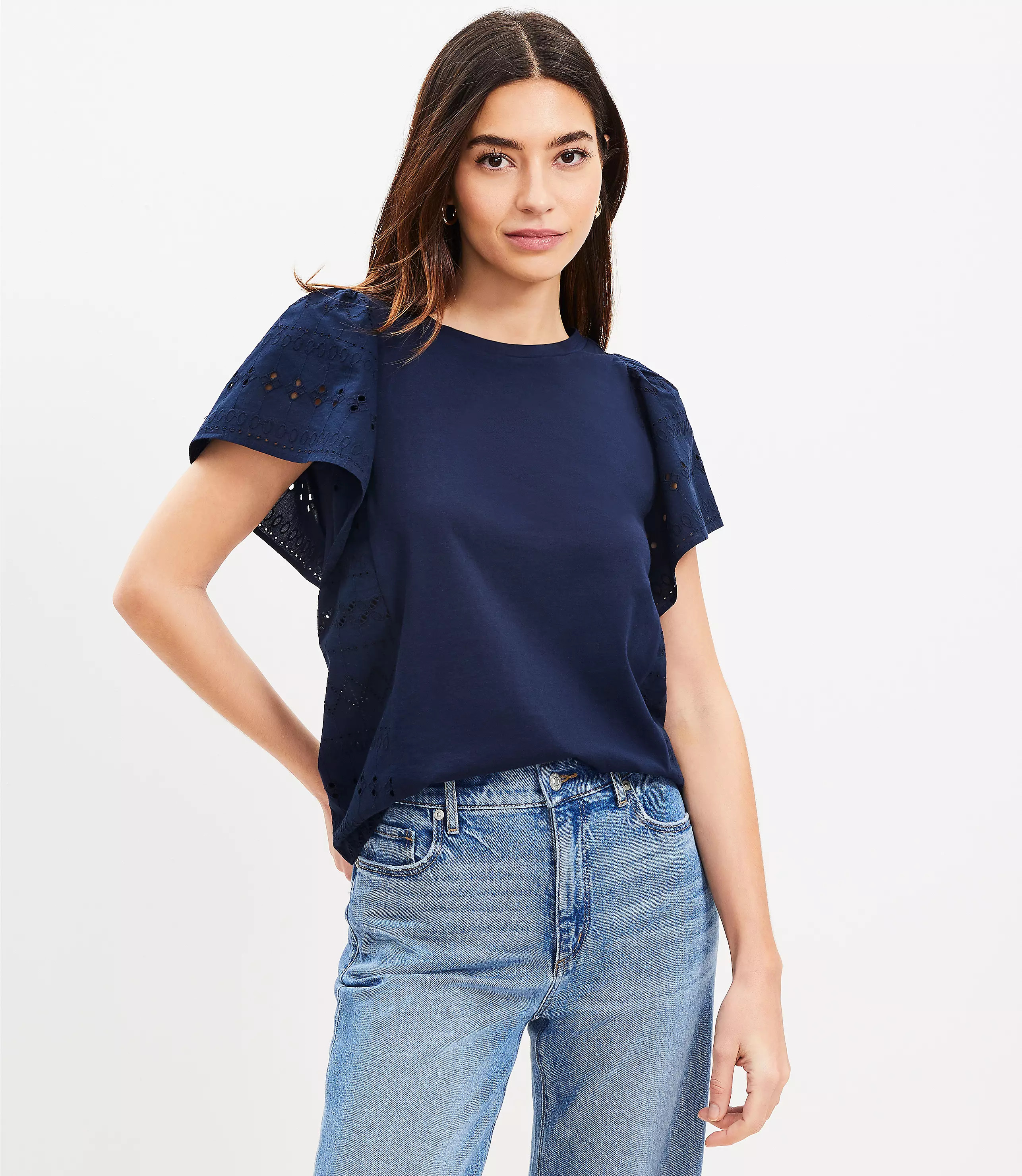 Petite Eyelet Flutter Sleeve Top | LOFT