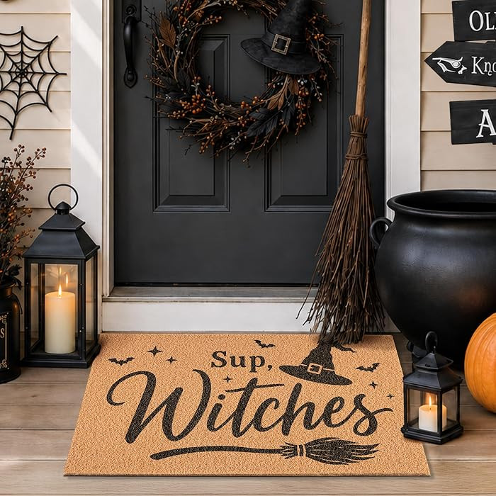 Halloween Door Mat Sup Witches Welcome Mat with Hat Broom Bat 17" x 29.5" | Amazon (US)