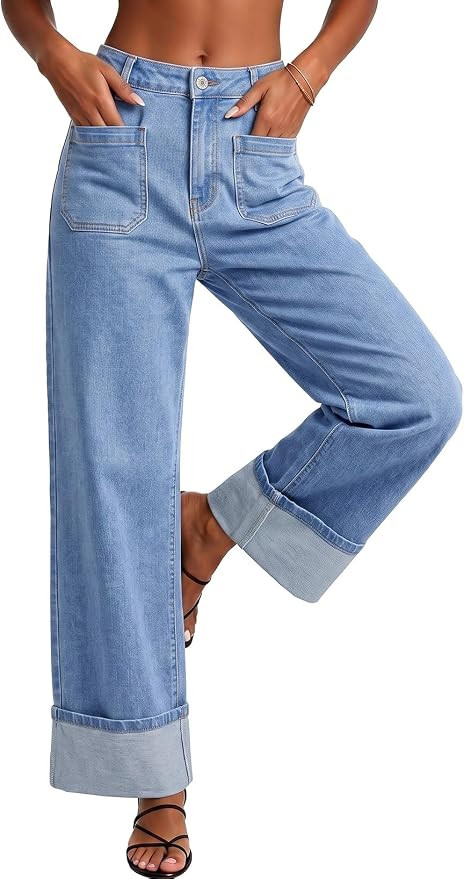 EVALESS Women's High Waisted Wide Leg Jeans | Cuffed Hem Stretchy Teacher Denim Pants Trendy 2026... | Amazon (US)