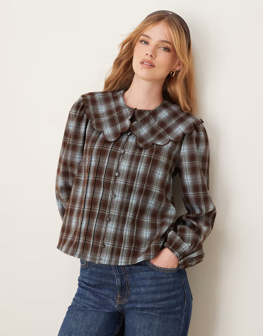 Threadbare check blouse with peter pan collar in blue | ASOS (Global)