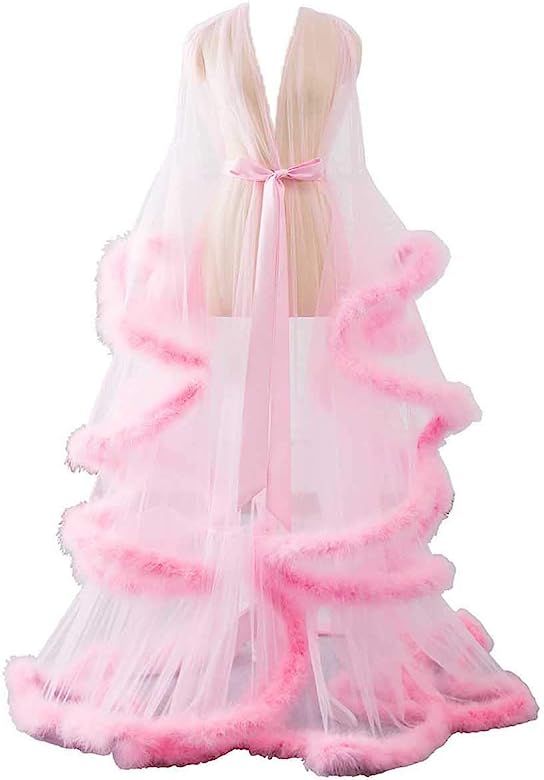 Amazon.com: Changuan Sexy Feather Bridal Robe Tulle Illusion Long Wedding Scarf New Custom Made P... | Amazon (US)