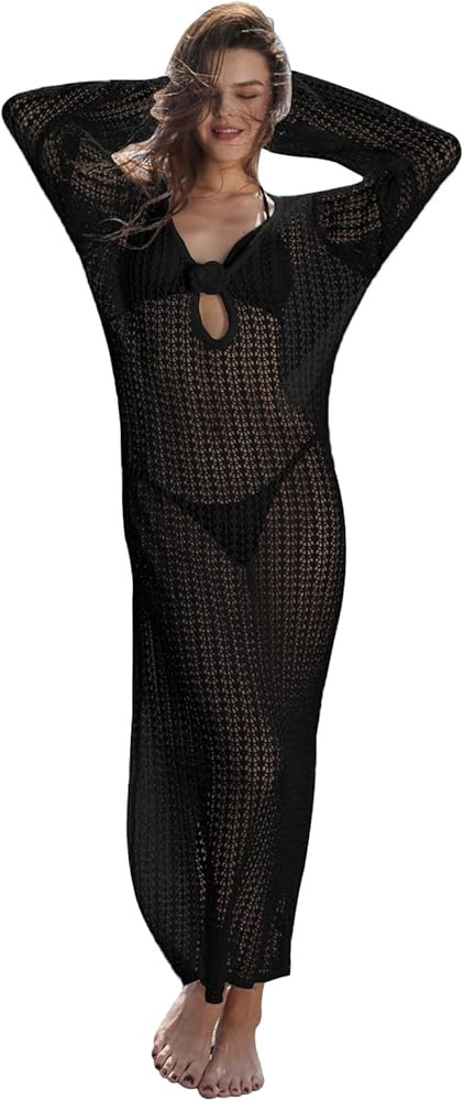 Leoparts Women's Knitted Swimsuit Cover Up 3D Floral Hollow Out Open Back Tie-Up Maxi Dress Beach... | Amazon (US)