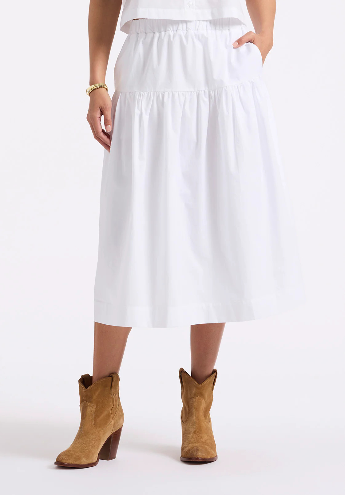 Lupita Women's Tiered Midi Skirt, White - WS0015P | Buffalo David Bitton