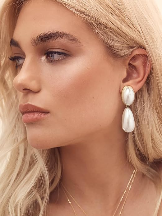 Pearl Drop Earrings for Women Vintage Statement Gold Pearl Dangle Earrings Chunky Earrings Fashio... | Amazon (US)
