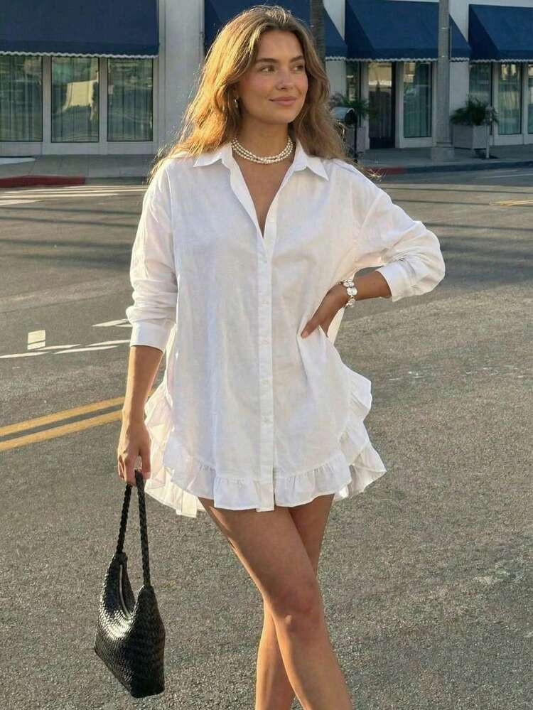 Casual Drop Shoulder Long Sleeve White Ruffle Trim Button Front Shirt, Spring/Summer | SHEIN