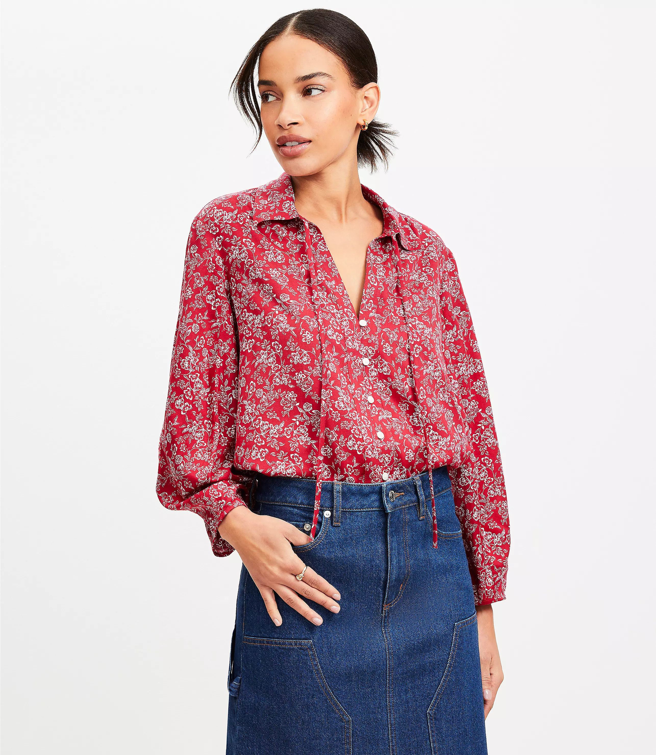 Floral Seamed Sleeve Tie Neck Blouse | LOFT