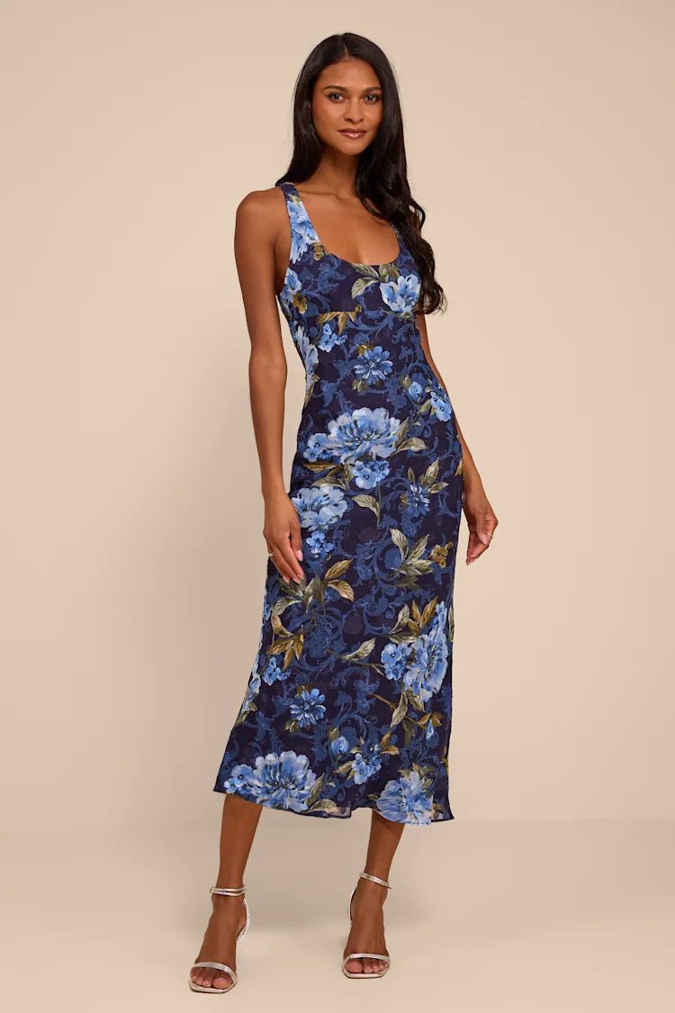 Lilia Dark Blue Floral Scoop Neck Midi Dress | Lulus