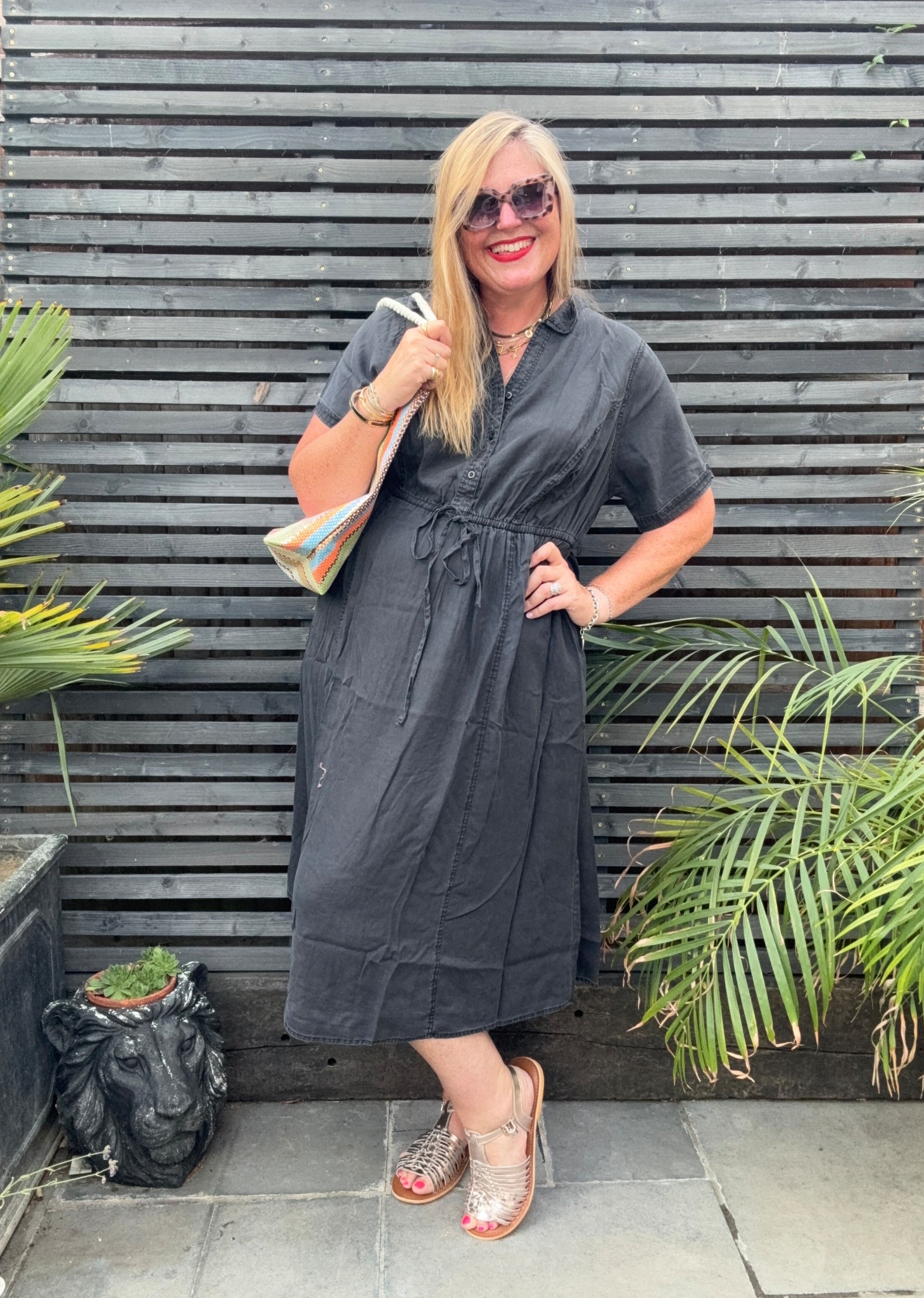 Black summer dress, gold sandals, multicoloured beach bag

#LTKsummer #LTKplussize #LTKcurves